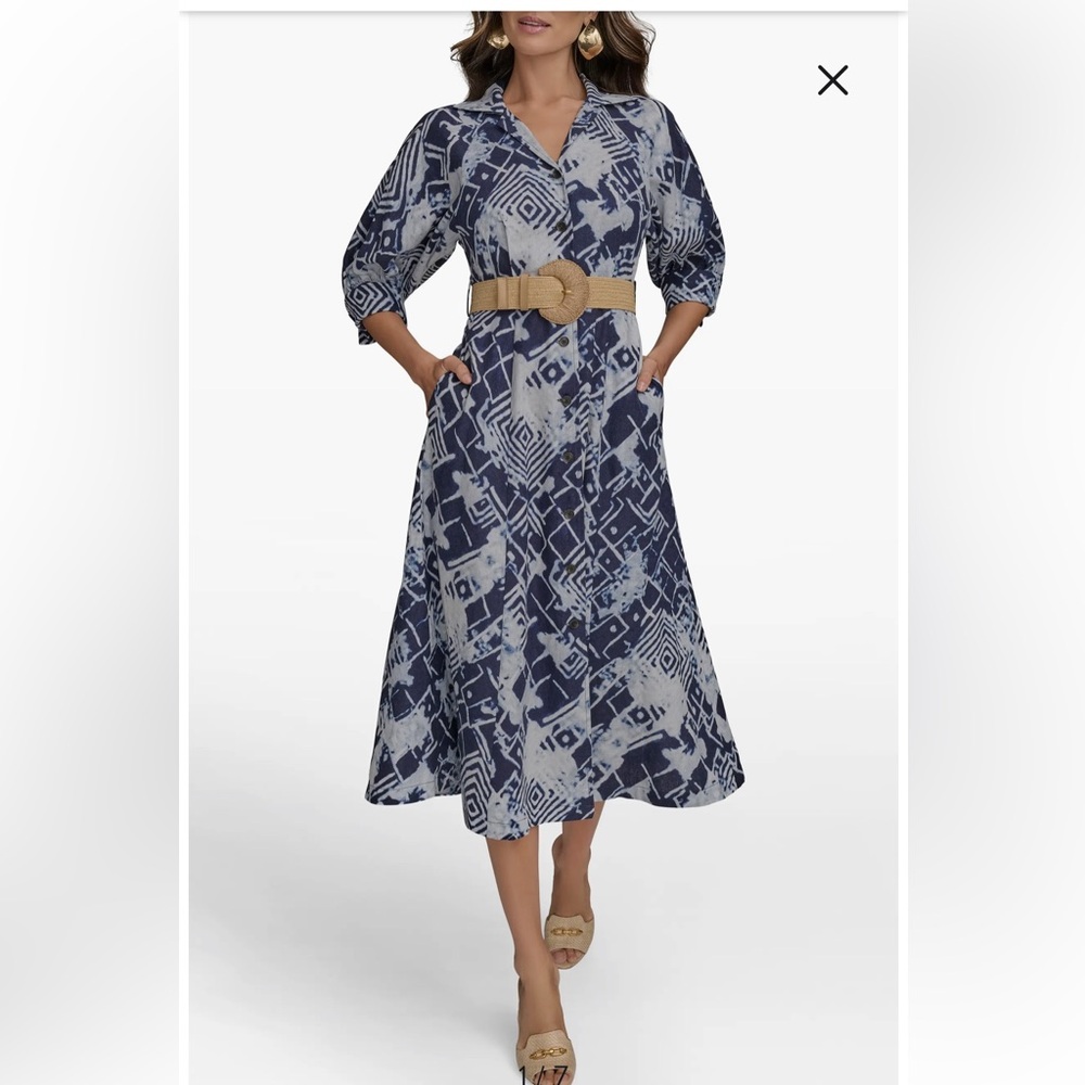 Donna Karan Navy and White Printed Midi Dress